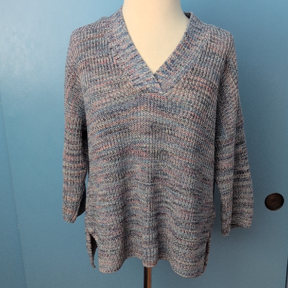 J Jill Women's Multicolor Cotton V-Neck Sweater 3/4 Sleeves